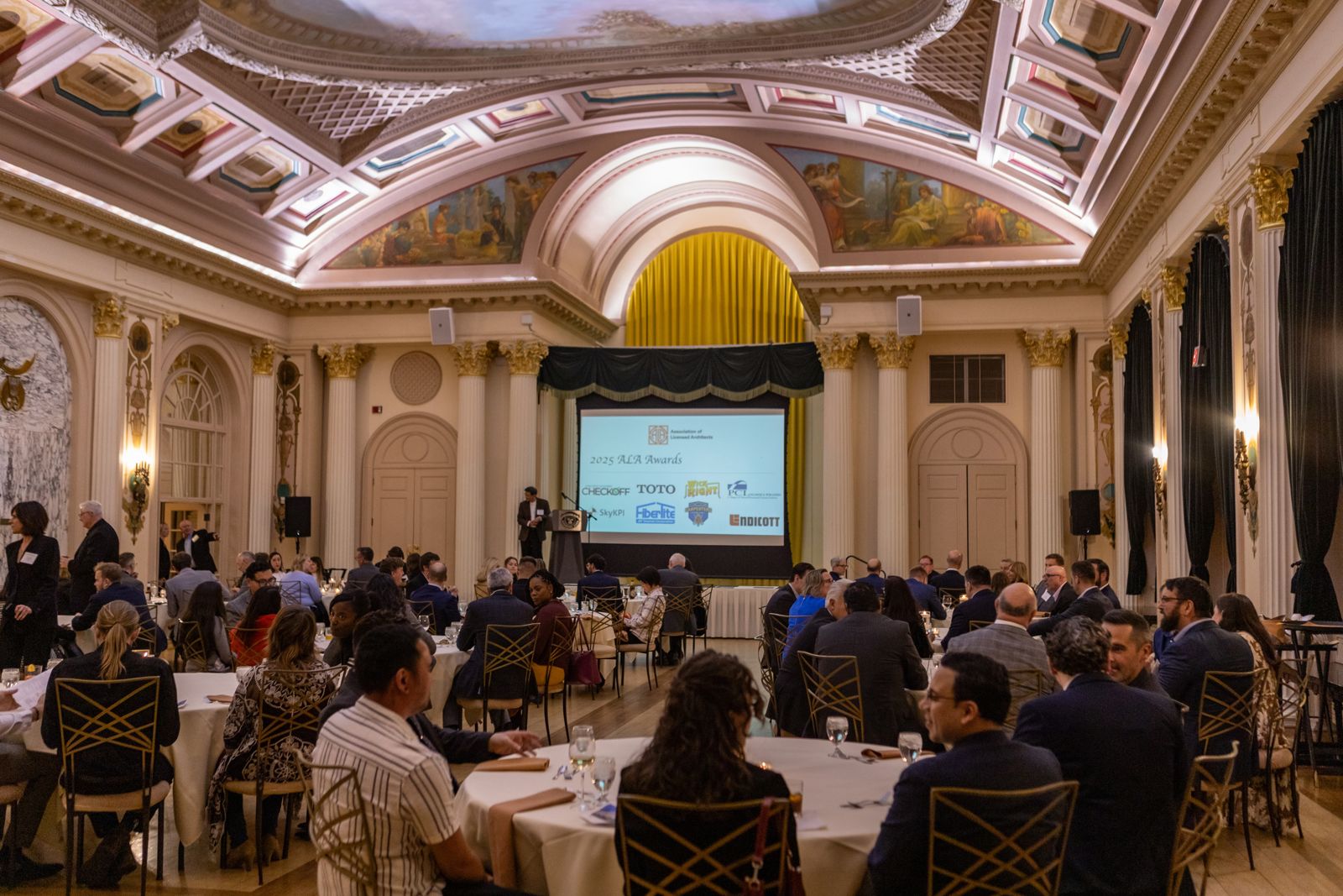 The ballroom at Medinah Country Club during the 2025 ALA Design Awards program.