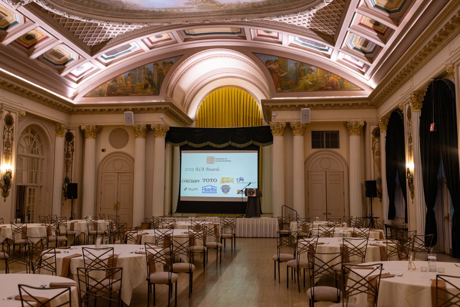 The Medinah Country Club ballroom set for the 2025 Gala dinner.