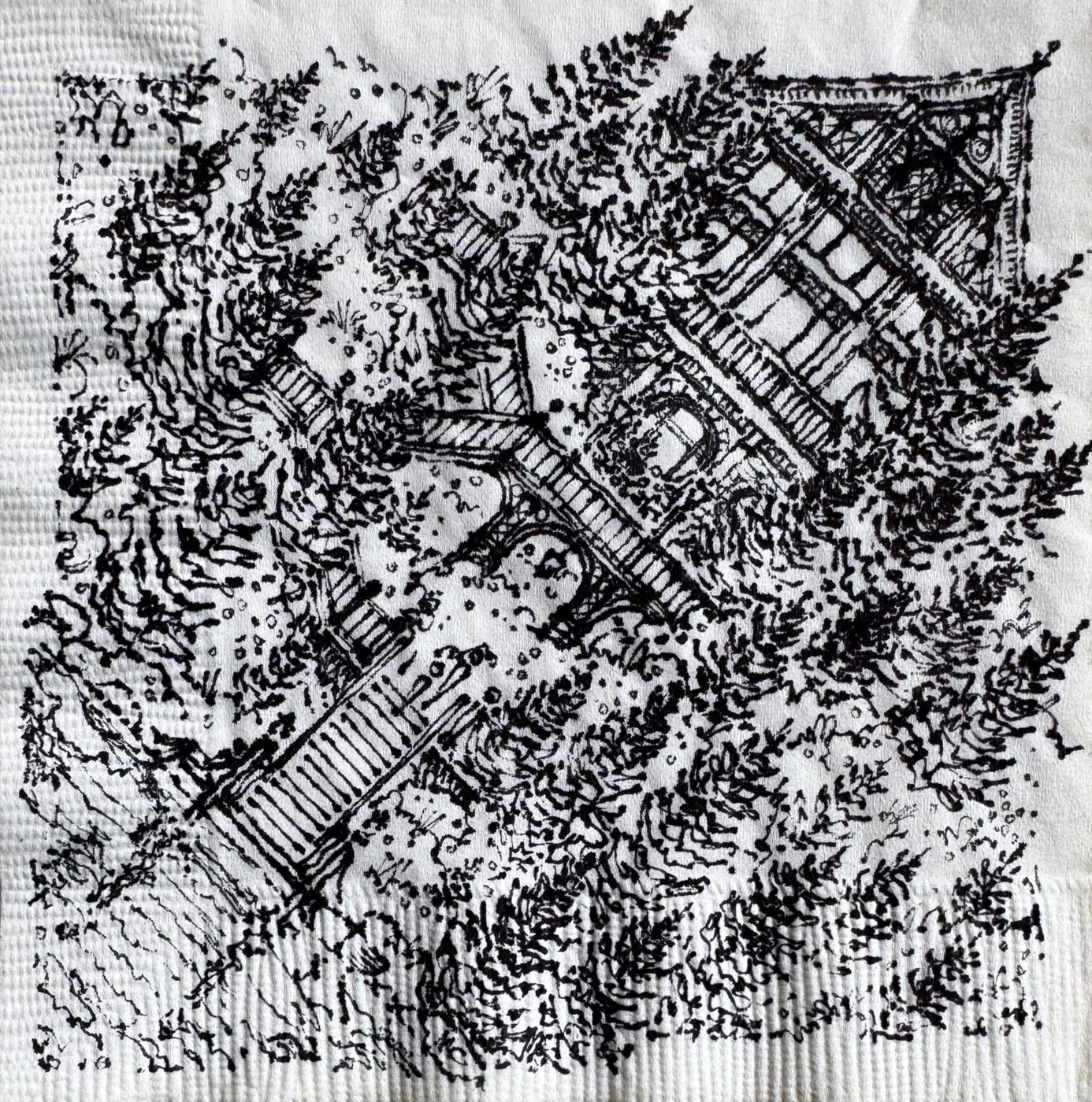 Professional winner: "Lake to hilltop gateway" by Michael Chadwick, black ink on a quilted napkin.